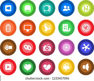 Round color solid flat icon set - satellite antenna vector, vinyl, radio, news, tv, video camera, network, monitor, share, chain, group, heart, battery, play button, rewind, hdmi, sound