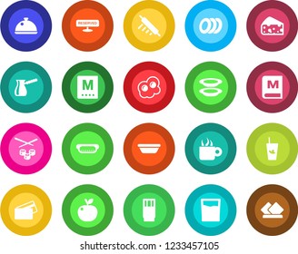 Round color solid flat icon set - dish vector, menu, reserved, drink, phyto bar, coffee, plates, credit card, hot dog, bowl, rolling pin, turkish, sushi, omelette, apple fruit, cheese, serviette