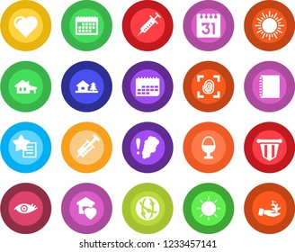 Round color solid flat icon set - sun vector, pennant, heart, syringe, eye, term, network, favorites list, calendar, copybook, house with garage, tree, sweet home, egg stand, fingerprint