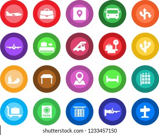 Round color solid flat icon set - baggage conveyor vector, trolley, airport bus, passport, ladder car, plane, boarding, seat map, flight table, luggage scales, case, route, pin, sea shipping