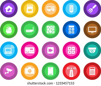 Round color solid flat icon set - antenna vector, credit card, wireless notebook, camera, calculator, garden fork, monitor, fast forward, phone back, sd, copier, smart home, chip, remote control, pc