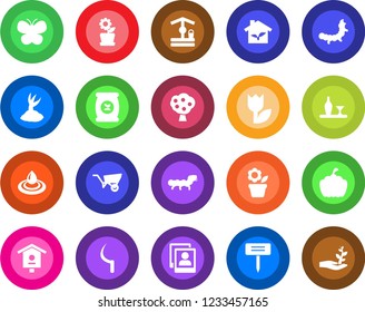 Round color solid flat icon set - flower in pot vector, wheelbarrow, sproute, butterfly, well, sickle, plant label, pumpkin, caterpillar, bird house, fertilizer, tulip, photo gallery, fruit tree