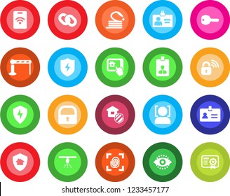 Round color solid flat icon set - barrier vector, identity, card, hose, chain, protect, lock, face id, eye, key, estate insurance, fingerprint, wireless, home control app, pass, sprinkler