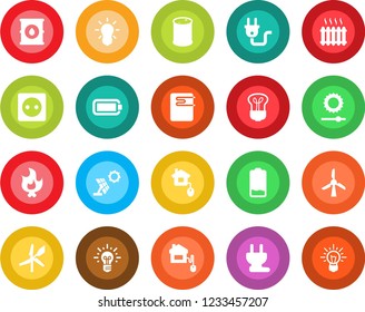 Round color solid flat icon set - fire vector, oil barrel, low battery, brightness, heater, home control, socket, power plug, water, bulb, sun panel, windmill, idea