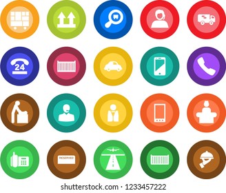 Round color solid flat icon set - runway vector, baby room, reception, office phone, 24 hours, support, cargo container, car delivery, consolidated, up side sign, search, cell, mobile, call, moving