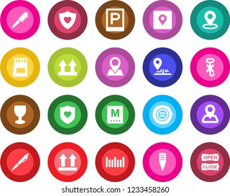 Round color solid flat icon set - parking vector, pen, stamp, plant label, heart shield, navigation, pin, fragile, up side sign, no hook, barcode, sd, place tag, menu, open close