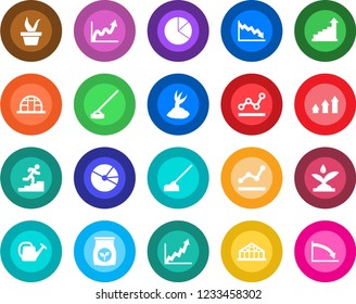 Round color solid flat icon set - growth statistic vector, seedling, watering can, sproute, hoe, greenhouse, fertilizer, pie graph, point, career ladder, irrigation, arrow up, crisis