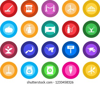 Round color solid flat icon set - fence vector, rake, wheelbarrow, well, sickle, plant label, pumpkin, greenhouse, garden sprayer, fertilizer, windmill, irrigation