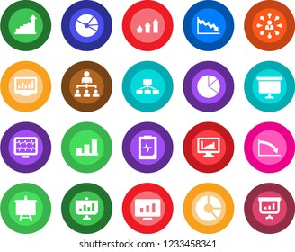 Round color solid flat icon set - growth statistic vector, hierarchy, presentation board, monitor, circle chart, pulse, clipboard, statistics, bar graph, pie, arrow up, crisis