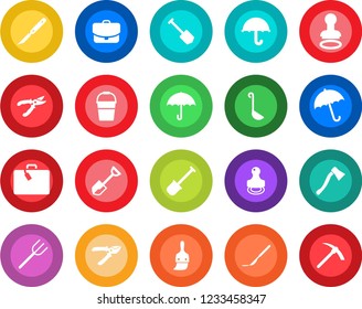 Round color solid flat icon set - suitcase vector, umbrella, stamp, job, shovel, farm fork, bucket, pruner, axe, scalpel, themes, ladle, case, hard work