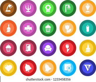 Round color solid flat icon set - pennant vector, garden light, heart, tulip, themes, bell, sertificate, desk lamp, cushioned furniture, restaurant table, candle, outdoor, door, pennon