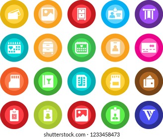 Round color solid flat icon set - credit card vector, identity, medical calendar, gallery, sd, sim, archive box, wine, pass, wallet, pennon