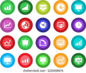 Round color solid flat icon set - growth statistic vector, presentation board, crisis graph, monitor, circle chart, statistics, bar, pie, point, arrow up
