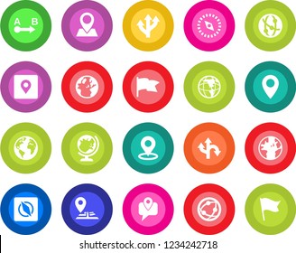 Round color solid flat icon set - globe vector, route, navigation, earth, pin, mobile tracking, network, place tag, compass, flag