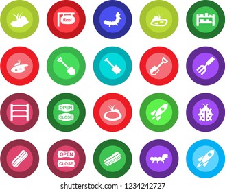 Round color solid flat icon set - job vector, garden fork, shovel, lady bug, caterpillar, pond, rack, rent, bacon, open close, rocket