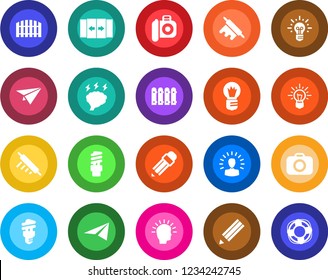 Round color solid flat icon set - automatic door vector, brainstorm, bulb, camera, pencil, fence, rolling pin, energy saving, shining head, idea, paper plane, crisis management