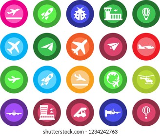 Round color solid flat icon set - plane vector, departure, arrival, ladder car, boarding, helicopter, globe, airport building, lady bug, rocket, paper, air balloon