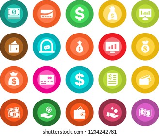 Round color solid flat icon set - credit card vector, ticket office, dollar sign, money bag, statistic monitor, cash, receipt, wallet, investment