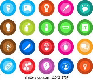 Round color solid flat icon set - speaking man vector, pen, brainstorm, bulb, dialog, wine card, hot dog, energy saving, shining head, idea
