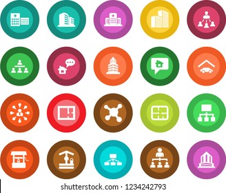 Round color solid flat icon set - hierarchy vector, well, hospital, molecule, office building, garage, plan, home message