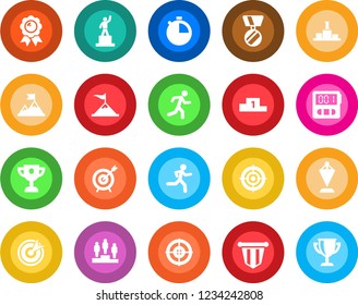 Round color solid flat icon set - pedestal vector, pennant, medal, run, stopwatch, target, motivation, award cup