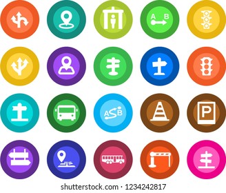 Round color solid flat icon set - airport bus vector, parking, barrier, security gate, signpost, border cone, route, navigation, traffic light, place tag, guidepost