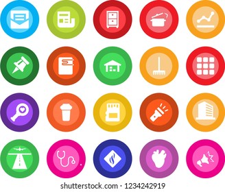 Round color solid flat icon set - runway vector, office building, rake, stethoscope, heart diagnostic, real, menu, mail, sd, torch, drawing pin, news, point graph, archive box, warehouse, filter