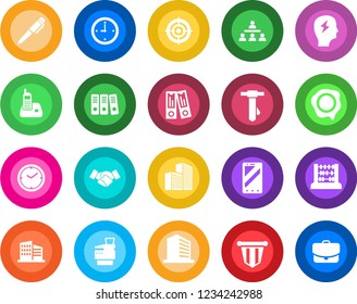Round color solid flat icon set - handshake vector, mobile phone, office building, pennant, binder, abacus, tie, brainstorm, stamp, radio, clock, paper, target, copier, hierarchy, pen, case
