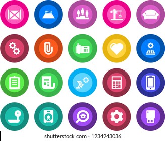 Round color solid flat icon set - waiting area vector, mobile phone, pedestal, heart, office, container, clipboard, heavy scales, news, speaker, settings, paper clip, calculator, sun panel, crane