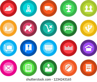 Round color solid flat icon set - baggage trolley vector, route, signpost, important flag, satellite, office phone, sea shipping, truck trailer, car delivery, container, clipboard, warehouse storage