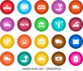 Round color solid flat icon set - dispatcher vector, taxi, airport bus, alarm car, ladder, ambulance, route, truck trailer, delivery, heavy scales, railroad, garage, gate control, battery