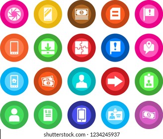 Round color solid flat icon set - right arrow vector, mobile phone, identity card, document, important flag, cash, tracking, camera, user, download, application, restaurant receipt, home control app