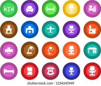 Round color solid flat icon set - cafe vector, bed, office chair, desk, fireplace, lamp, bedroom, children room, cushioned furniture, restaurant table, fridge