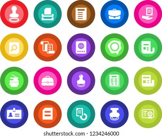 Round color solid flat icon set - passport vector, identity, stamp, contract, document search, reload, news, paper tray, copier, case, certificate