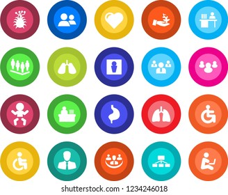 Round color solid flat icon set - male vector, baby, team, heart, disabled, stomach, lungs, virus, client, group, company, manager desk, palm sproute, hierarchy, man with notebook