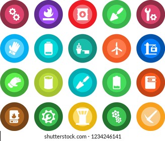 Round color solid flat icon set - airport tower vector, trowel, glove, sea port, flammable, oil barrel, low battery, root setup, crane, water heater, gear, windmill, hard work