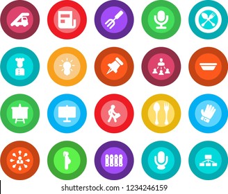 Round color solid flat icon set - spoon and fork vector, ladder car, hierarchy, presentation board, garden, glove, pregnancy, microphone, paper pin, news, manager, fence, cook, bowl, bulb