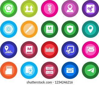 Round color solid flat icon set - stamp vector, heart shield, navigation, pin, up side sign, no hook, barcode, sd, cut, sertificate, pen, sale, menu, open close, paper plane