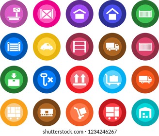 Round color solid flat icon set - baggage trolley vector, cargo container, car delivery, consolidated, warehouse storage, up side sign, no hook, package, heavy scales, rack, railroad