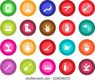 Round color solid flat icon set - flower in pot vector, shovel, farm fork, rake, seedling, watering can, sproute, pruner, boot, sickle, garden sprayer, fertilizer, irrigation