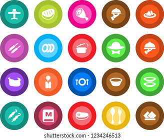 Round color solid flat icon set - spoon and fork vector, waiter, restaurant table, serviette, cafe, menu, plates, dress code, chicken, steak, kebab, ham, bowl, steaming pan