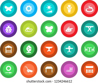 Round color solid flat icon set - cafe vector, flower in pot, lawn mower, butterfly, lady bug, sun, pond, picnic table, brightness, pool, fruit tree, restaurant, alcove
