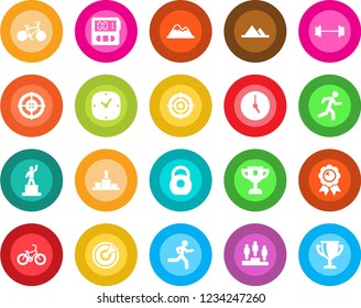 Round color solid flat icon set - pedestal vector, medal, barbell, bike, run, heavy, clock, stopwatch, target, mountains, award cup