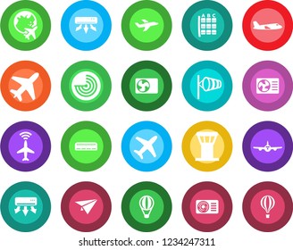 Round color solid flat icon set - plane vector, airport tower, radar, wind, seat map, globe, air conditioner, paper, balloon