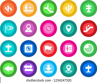 Round color solid flat icon set - elevator vector, escalator, signpost, left arrow, wind, radar, route, pin, download, place tag, compass, flag, guidepost