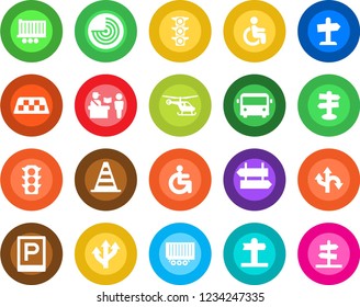 Round color solid flat icon set - taxi vector, airport bus, parking, passport control, signpost, border cone, radar, helicopter, disabled, route, traffic light, truck trailer, guidepost