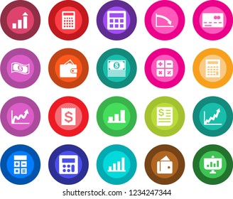 Round color solid flat icon set - credit card vector, growth statistic, calculator, receipt, bar graph, wallet, crisis, cash, presentation