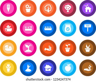 Round color solid flat icon set - flower in pot vector, seedling, tree, sproute, plant label, fertilizer, fruit, salad, apple, eco house, palm