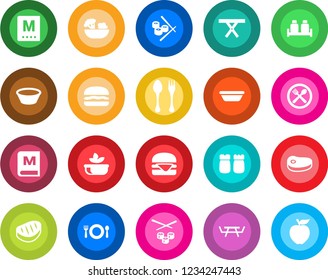 Round color solid flat icon set - spoon and fork vector, picnic table, cafe, menu, salad, salt pepper, steak, hamburger, bowl, sushi, apple fruit