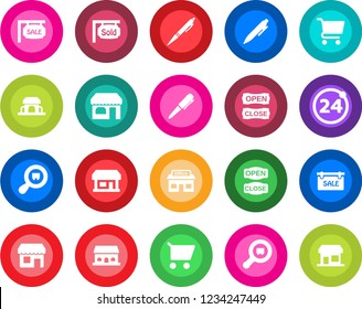 Round color solid flat icon set - 24 around vector, shop, pen, store, search cargo, sale, sold signboard, cafe building, open close, cart, storefront